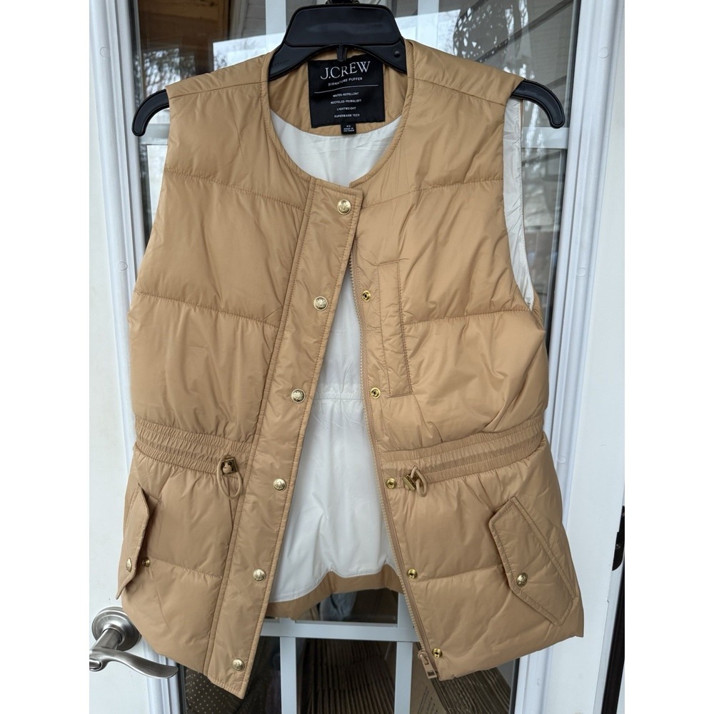 J Crew Puffer Vest Tan Primaloft Gold  accent Lightweight Wmn XS Bougie Preppy